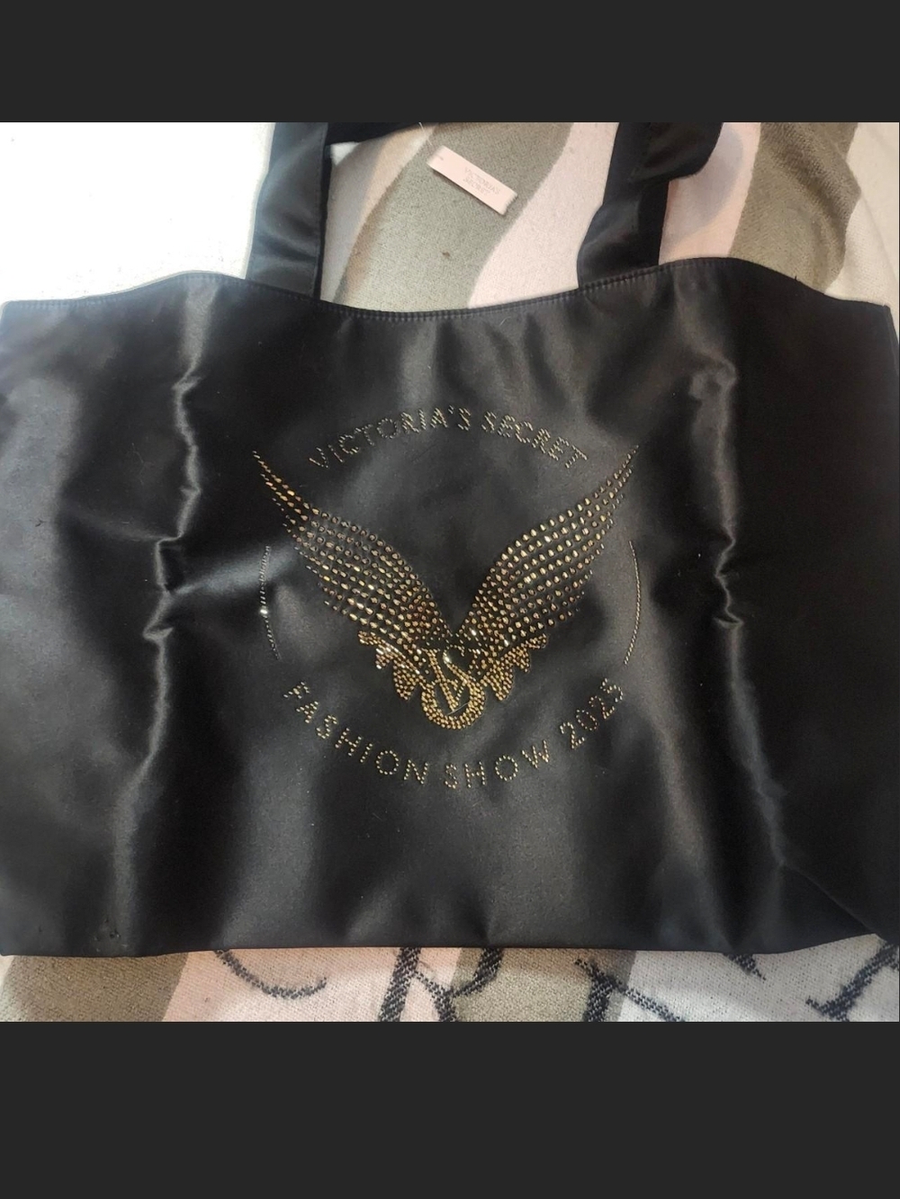 Victoria's Secret Black Satin Tote with Gold Wing Detail